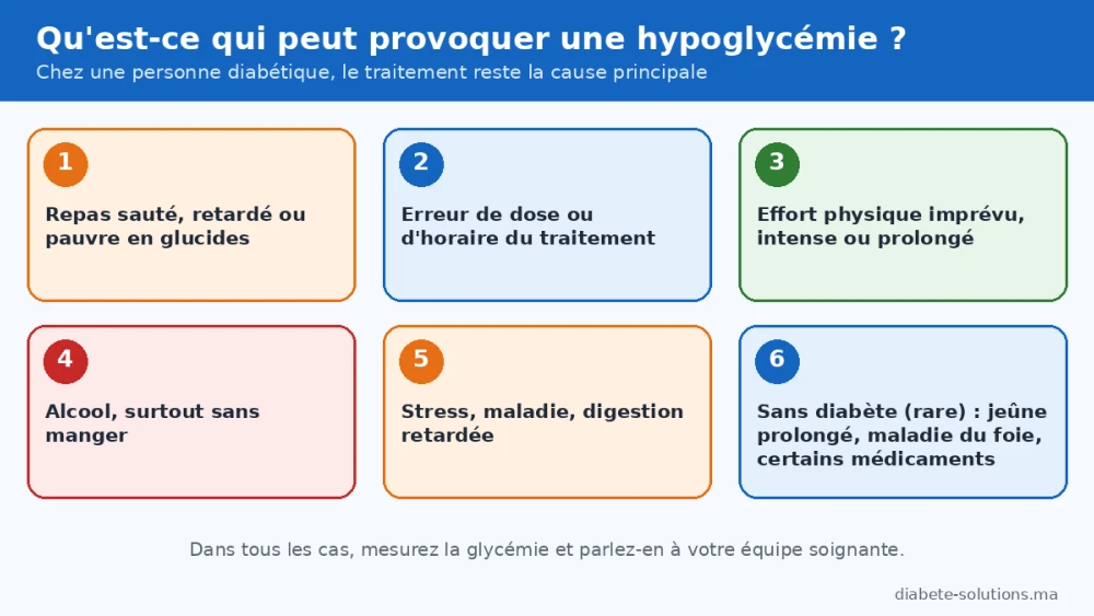 Infographie présentant les causes possibles de l’hypoglycémie : repas sauté, traitement, effort physique, alcool et certaines maladies