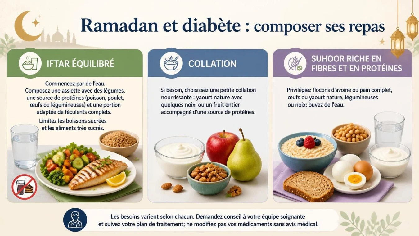 Conseils alimentaires pour les personnes diabétiques pendant le Ramadan : Ftour équilibré, collation et Shour riche en fibres et protéines
