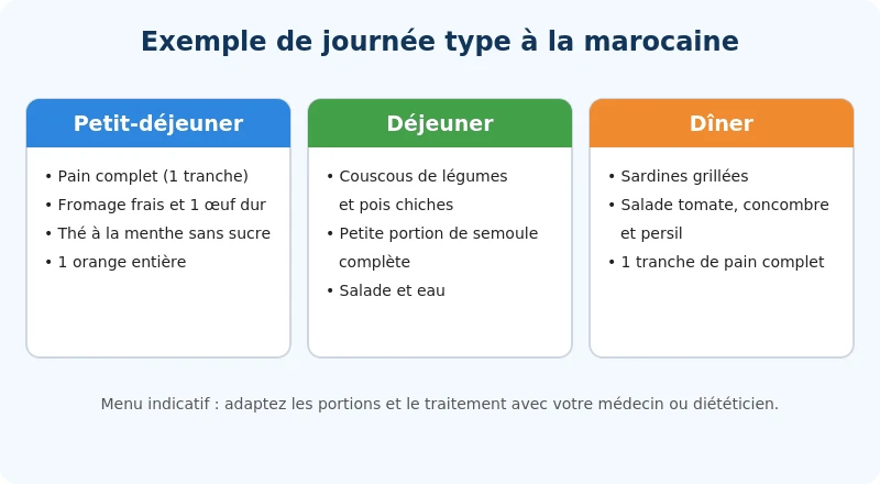 Exemple de journée type à la marocaine : petit-déjeuner, déjeuner et dîner équilibrés pour un diabétique