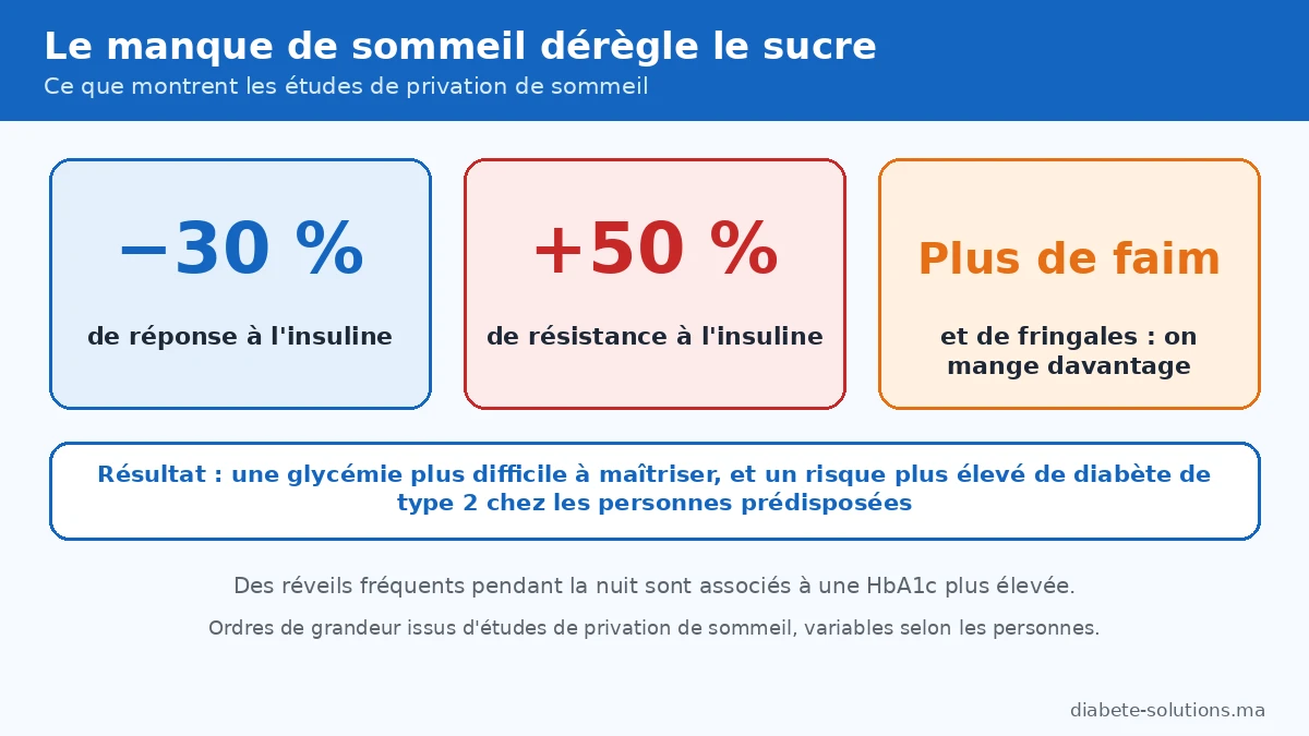 Infographie montrant les effets du manque de sommeil sur la sensibilité à l’insuline, l’appétit et l’équilibre de la glycémie.