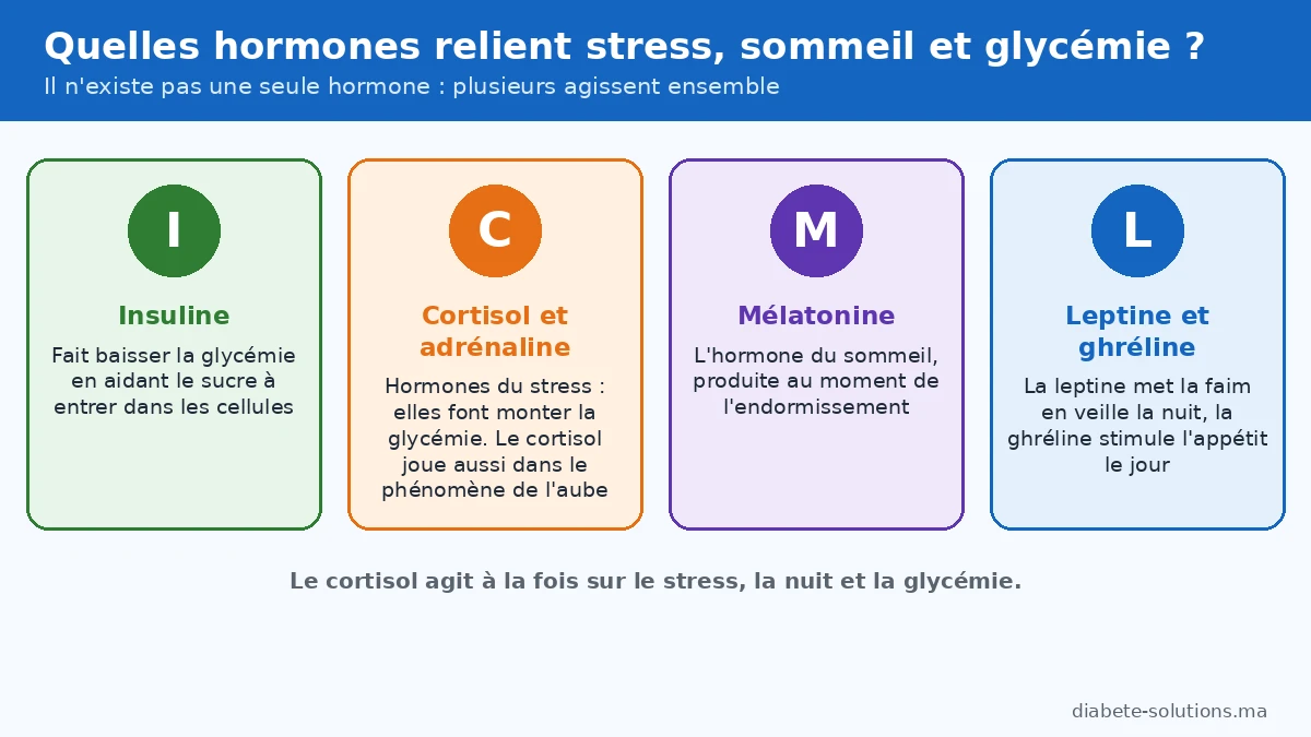Graphique illustrant le rôle des hormones dans la régulation de la glycémie, du stress et du sommeil.
