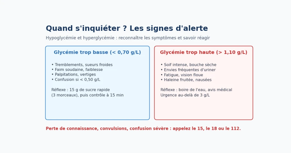 Signes d'alerte de l'hypoglycémie et de l'hyperglycémie et gestes à adopter