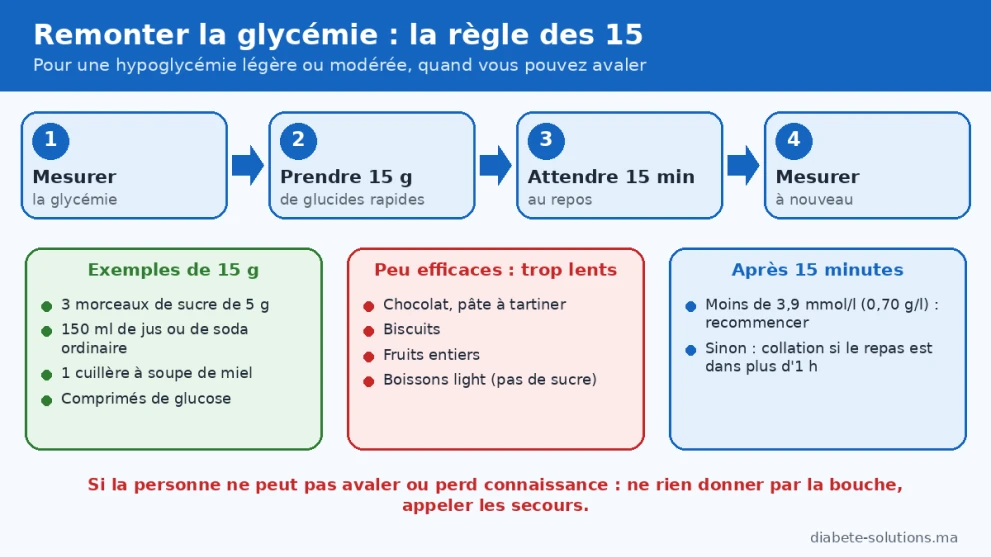 Règle des 15 : prendre 15 g de glucides rapides, attendre 15 minutes et contrôler la glycémie.
